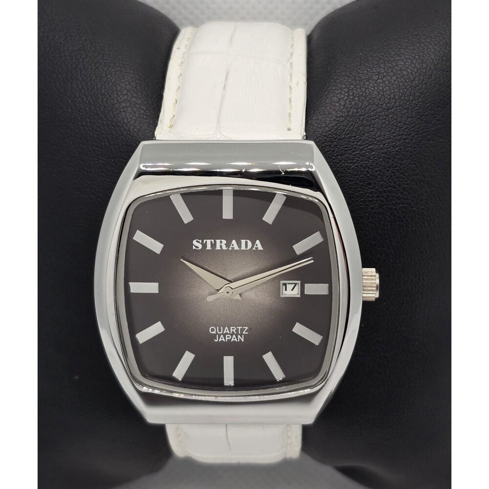 Unisex Strada Minimalist Dark Grey Dial Silver Tone White Leather Strap Watch 04